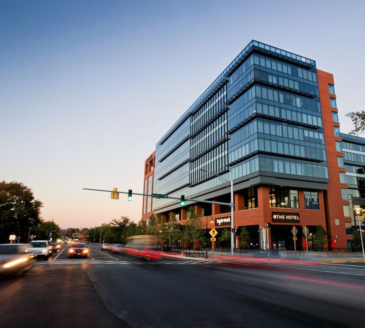 A view of the The Hotel at the University of Maryland from Baltimore Avenue.