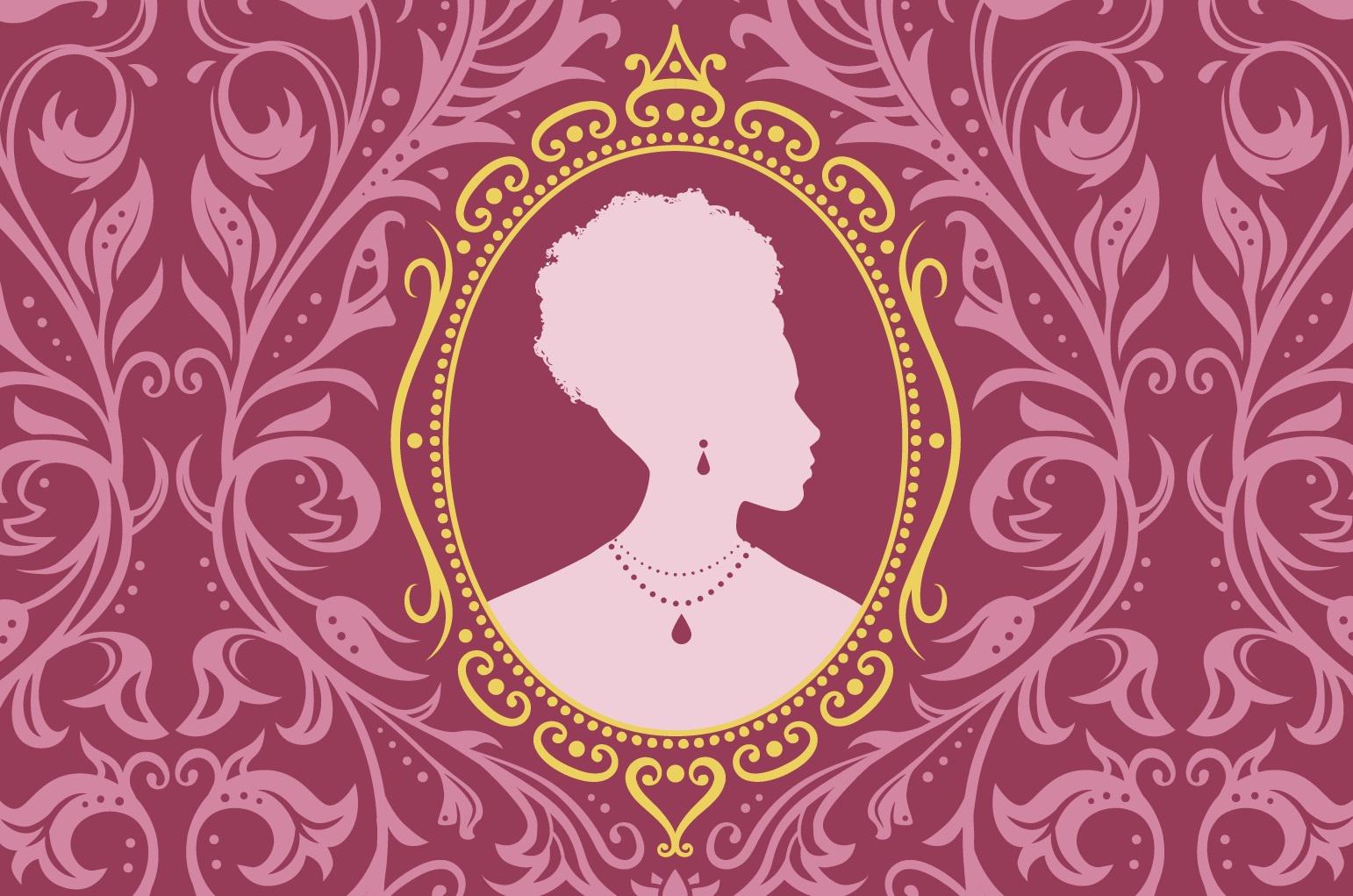 Silhouette of woman in golden frame on pink decorative backdrop