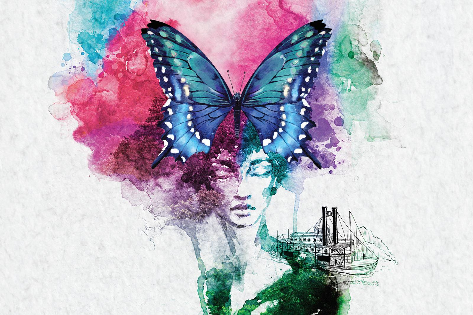 Watercolor painted woman with butterfly in her hair